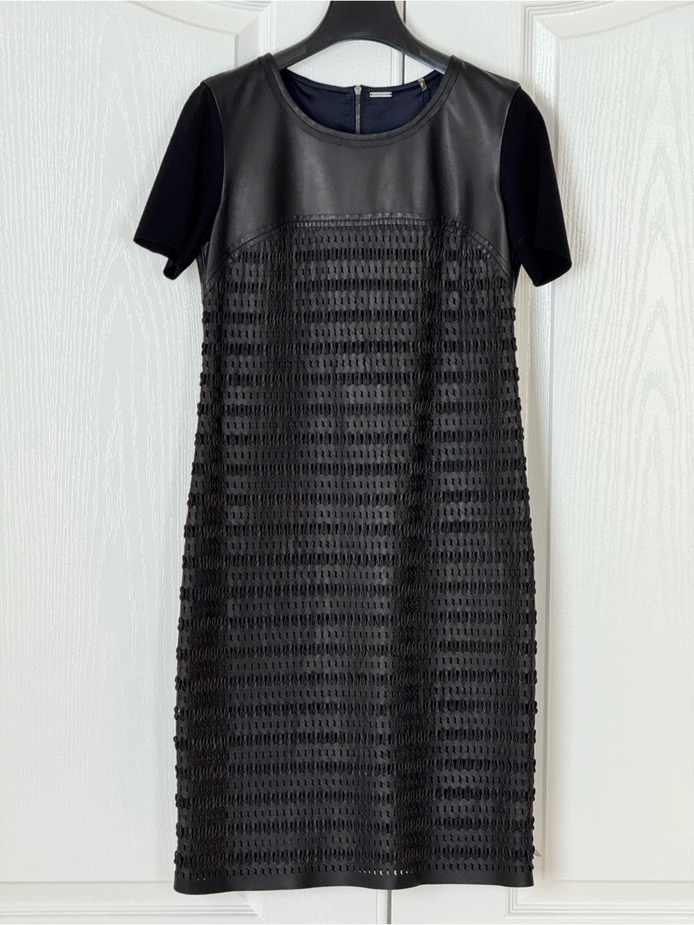 Elie Tahari Black Leather Laser-Cut Short Sleeve Midi Dress